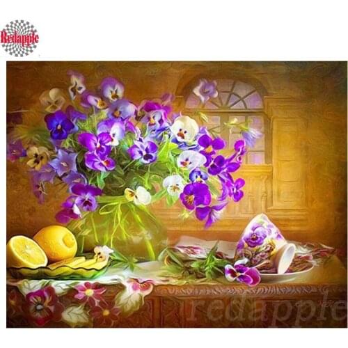 5D Diamond Painting Full Diamond Embroidery Flower "Pansy vase fruit" Cross Stitch 5d icon Rhinestone Mosaic Scenery still life