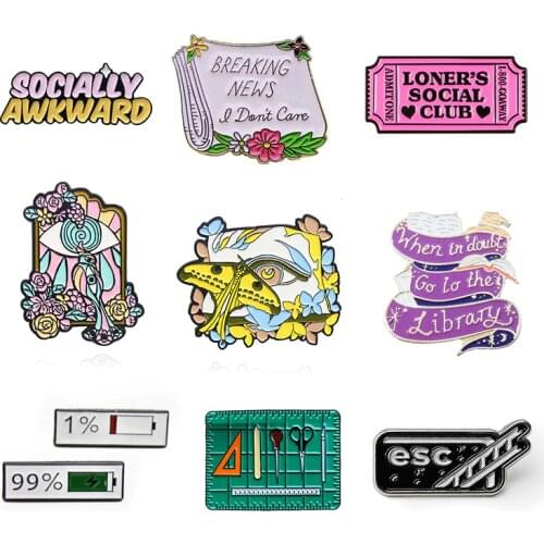 Square Letter ribbon Enamel Brooch Newspaper stub battery ESC Escape late at night Lapel Pin inachis io flower Custom Badge