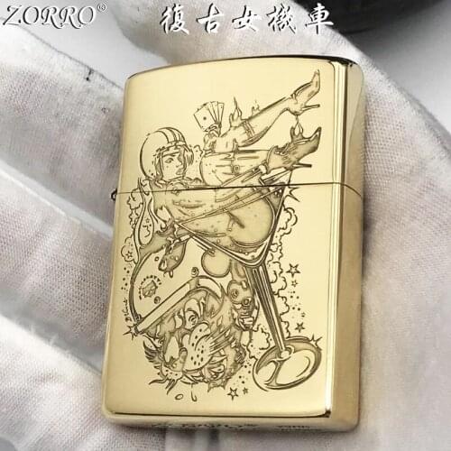 Pure Copper Kerosene Lighter Original ZORRO Fine CarvingRetro Locomotive Girl Pattern Gasoline Lighter Outside Tool Men Gift