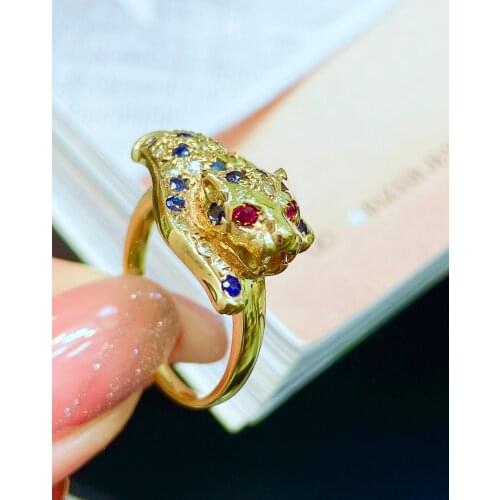 LR Blue Sapphire Ring Leopard 5.7grams Blue Sapphire And Red Ruby Gemstones Diamonds Stone Female Ring