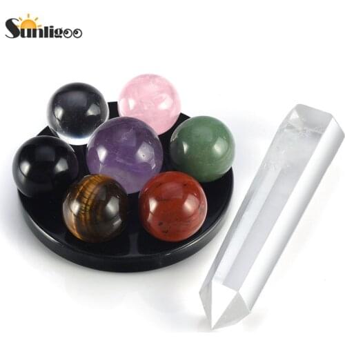 Sunligoo 7 Chakra Healing Stones Kit Seven Star Group Crystal Balls Spheres on Obsidian Stand&Clear Quartz Crystal Wand Decor