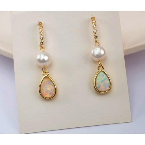 BOROSA New Natural Pearl Dangle Earring Gold Teardrop White Opal Long Earring Micro Paved CZ Drop Earring for Women HD0190