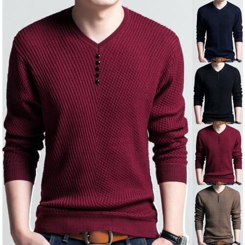 Chic Men Solid Color V Neck Long Sleeve Pullover Sliming Knitted Sweater Blouse Sueter Hombre Sweaters Men водолазка мужская