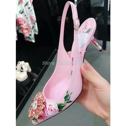 Slingback Crystal Thin Heel Pumps Shallow Sexy Pointed Toe Back Strap Flower Decor Pink Stiletto Heels Dress Women Shoes