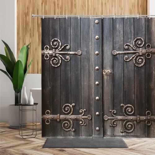 Vintage Wooden Door Shower Curtain Old-Fashioned Wood Grain Bathroom Partition Waterproof Bath Curtains Bathtub Screen With Hook