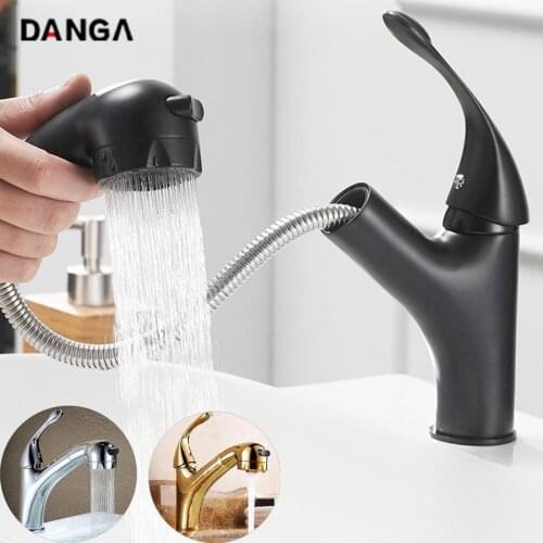 Pull-out Basin Faucet Brass Sink Tap Bathtub Mixer Hot and Cold Retractable Bathroom Mixer Black Single Handle Water Tap