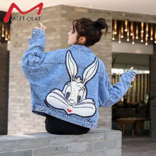 Cartoon Sequined Jean Jacket Loose Bat Sleeve Casual Denim Jacket Oversize Women Embroidered Short Spring Autumn Coat