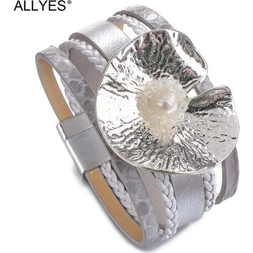 ALLYES Metal Flower Charms Natural Pearl Leather Bracelets for Women Multilayer Braided Wrap Bracelet Unisex Jewelry