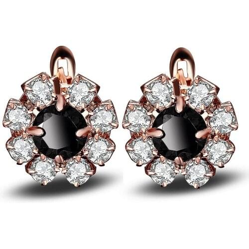 Hainon NEW Rose Gold Color Filled Flower Black White Crystal Hoop Earrings For Women Fashion Party Earring Luxury Jewelry