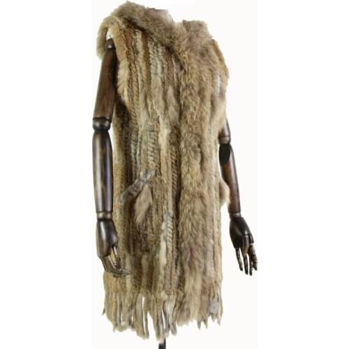 Women New Genuine Rabbit Fur Vest With Hood Fashion Raccoon Fur Collar Waistcoats Warm Natural Fur Long Gilet