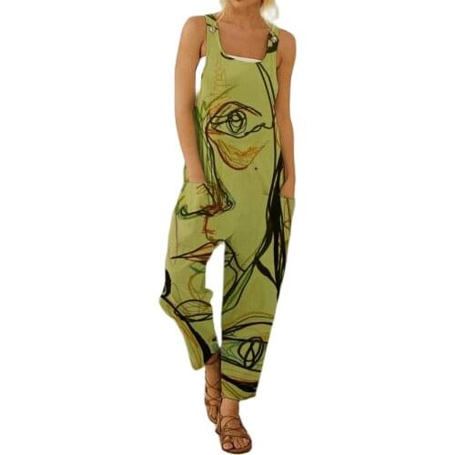 2021 Women Summer Sleeveless Bib Overall Floral Print Loose Jumpsuit Dungareesr Casual Style 3 Colors