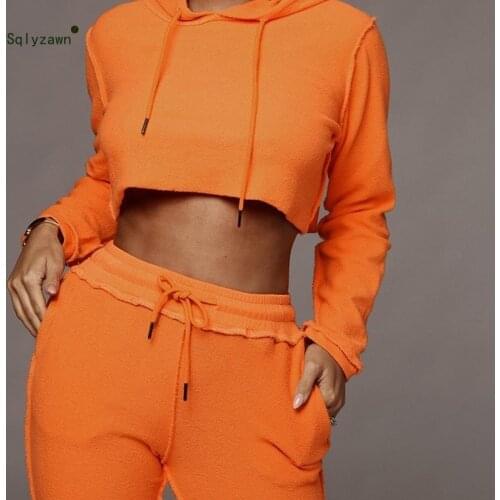 Autumn Neon Green Pink Patchwork Tracksuit Two Piece Set Women Sexy Hooded Sweatshirt Crop Top Jogger Pants Matching Outfit Suit