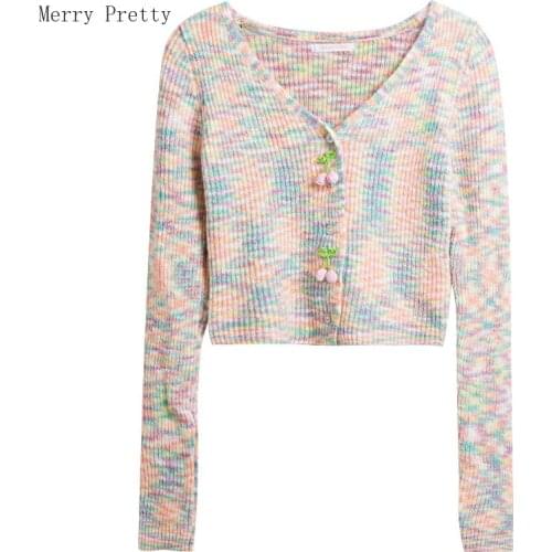 Women Cropped Cardigan 2021 Summer Long Sleeve V Neck Knitted Sweater Jumper Crop Tops Casual Preppy Style Appliques Femme