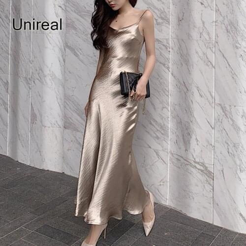 Unireal 2021 Summer New Arrival Women Satin Slip Dress Spaghetti Strap Vintage Gold Silk Long Party Dress