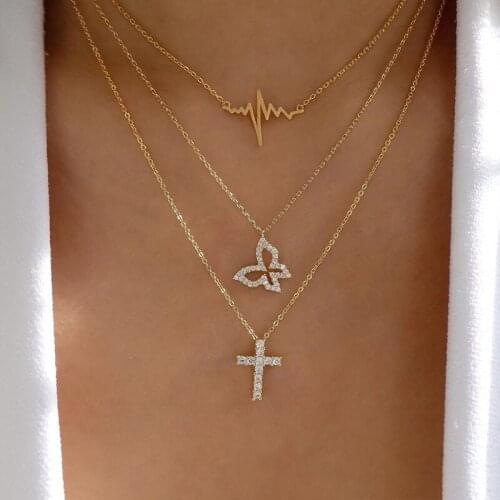 Bohemian Crystal Cross Butterfly Choker Necklace For Women Gold Color Layered Chain ECG Star Pendants Necklaces Jewelry