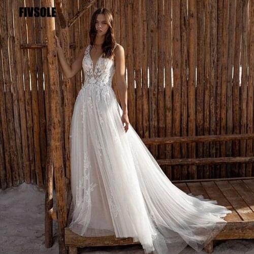 Fivsole A-line Wedding Dress Lace Appliques Boho Wedding Dress Backless Bride Dress Weeding Gowns Vestidos De Novia 2021