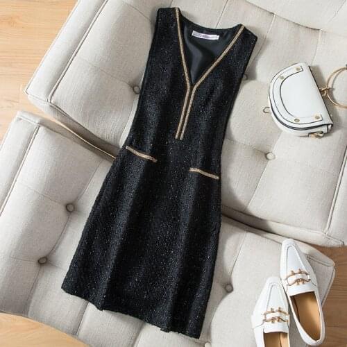 French style small fragrance tweed vest dress women v-neck slim a-line dress plus size 3XL