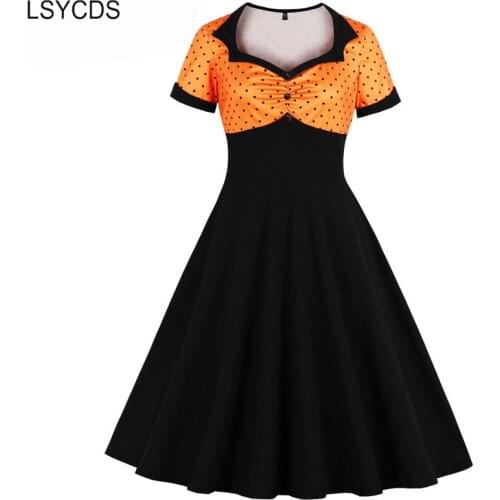 LSYCDS Women Dress Orange and Black High Waist Vintage 1950s Pin Up Sweetheart Neckline Button Front Polka Dot Dresses