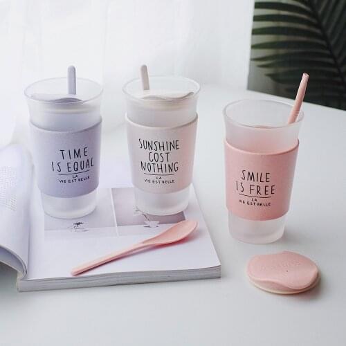 400ML Creative Straw Cup Glass Water Bottle Scald Proof Cup Coffee Straw Mugs With Cover and Spoon Matte Outdoor Portable Cup