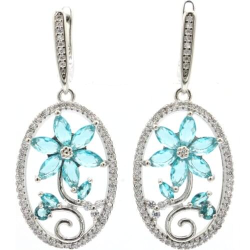 45x27mm Super European Design Aquamarine Pink Kunzite White Zircon For Ladies Dating 925 Sterling Silver Earrings