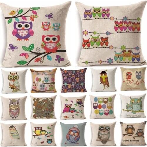 45*45 cm Colorful Cute Owl Pattern Cotton Linen Throw Pillow Cushion Cover Car Home Sofa Decorative Pillowcase 40242