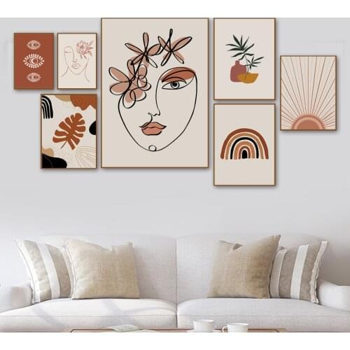 Girl Face Flower Leaf Sunrise Abstract Wall Art Canvas Painting Nordic Poster and Print Wall Pictures for Living Room Home Decor
