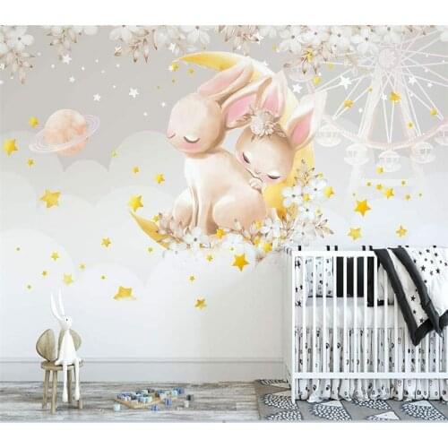 Wellyu Customize large 3d Nordic hand-painted fantasy clouds, flowers, sea bunny, starry sky, childrens background wallpaper
