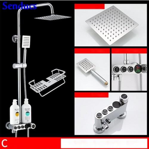 Senducs Digital Shower Set Polished Chrome Bathroom Temperature Shower System with Brass Bathroom Thermostatic Shower Set