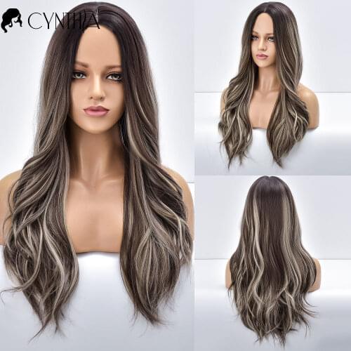 Long Ombre Water Wave Daily Synthetic Wigs For Black White Women Black To Brown Heat Resistant Blonde Fiber Cosplay Party Wigs