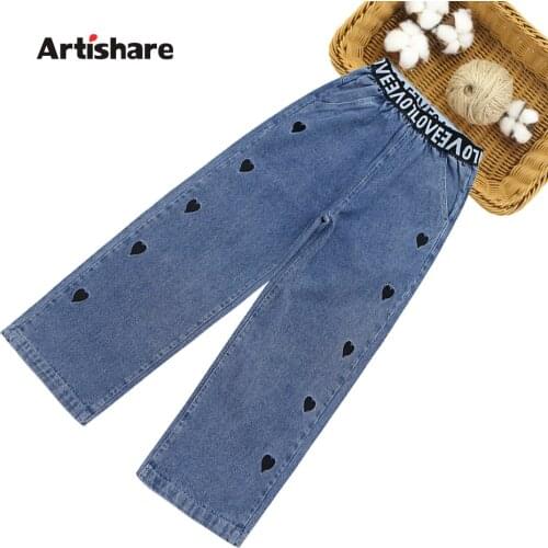 Jeans Girl Heart Pattern Kids Jeans Girls 2021 New Kid Jeans Spring Autumn Childrens Clothes 6 8 10 12 14