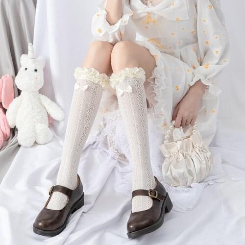 Japan Lolita Lace Stockings Women Sweet Kowknot High Knee Socks Femme Elastic Long Socks Leg Pantyhose Stocking Streetwear