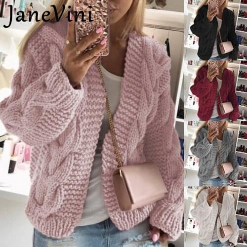 JaneVini 2021 Women Fashion Pink Knitted Cardigans Sweater Long Sleeve Autumn Winter Loose Coat Short Thick Solid Female Jacket