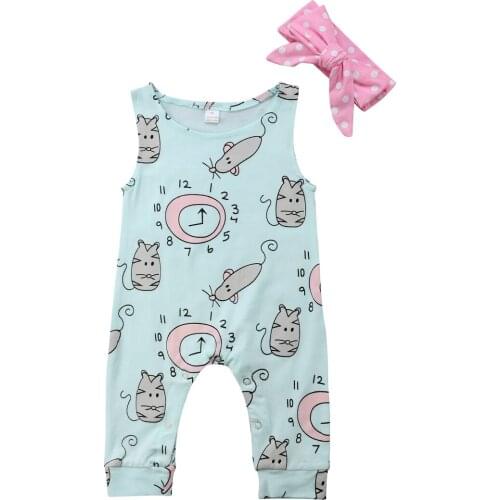 Toddler Infant Baby Girls Clothes Bow Dot Headband Round Neck Sleeveless Geometry Jumpsuit Summer Baby Clothes Romper 2pc Outfit