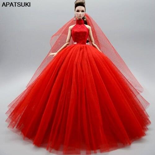 Red High Neck Fashion Wedding Dress For Barbie Doll Outfits Princess Evening Party Gown Long Dresses Doll Clothes & Veil 1/6 Toy
