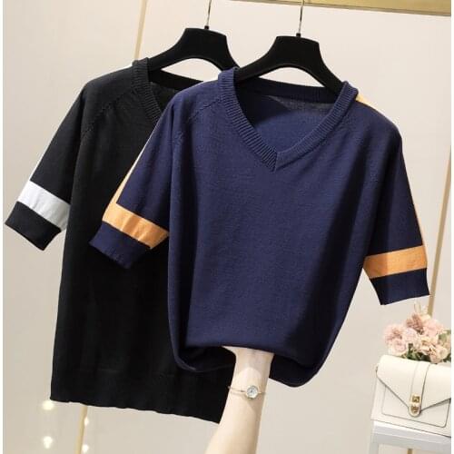 L-4XL plus size women loose casual thin sweater pullover 2021 short sleeve v neck loose casual chic Oversized Summer sweater