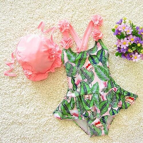 Summer girls swimwear green leaves+3D petal design toddler baby bathing suit for girls beachwear children swim suit bikini 1-9