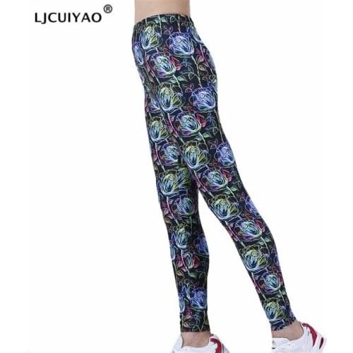 LJCUIYAO Push Up Sexy Leggings Sports Running Women Gym Fitness Clothes High Waist Slim Active Fluorescent Rose Pattern Bottom