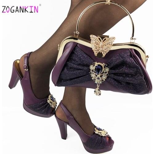 Dark Purple New Coming African Women Shoes and Bag Set with Platform Italian Lady Shoes and Bag to Match for Garden Party