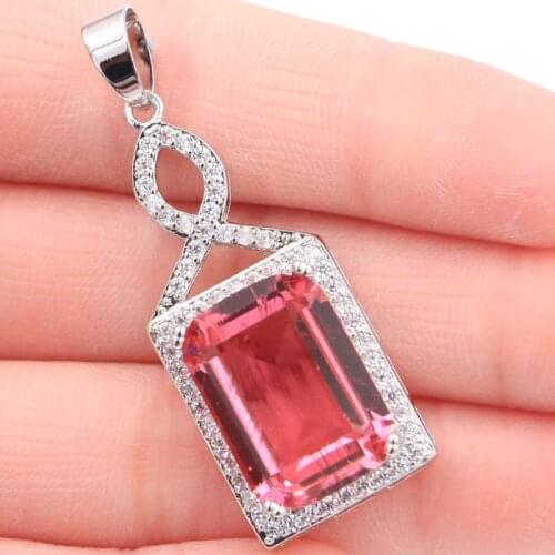 44x16mm Luxury Rectangle 18x13mm Created Pink Morganite Blue Aquamarine For Women Daily Wear Silver Pendant Wholesale