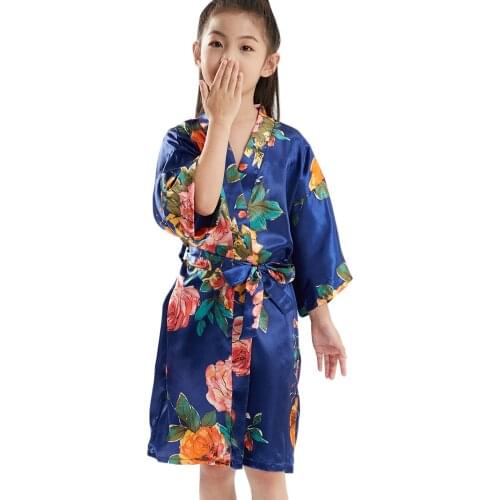 Girls Floral Silk Kimono Navy Robe Bridesmaid Robes Dressing Gown Sleepwear Bathrobe for Spa Wedding Birthday