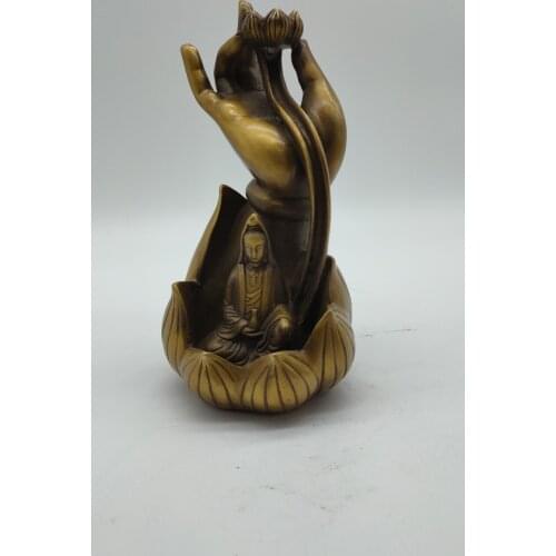 Old Collectible Chinese Brass Handwork Buddha Hand Lotus Backflow Incense Burner