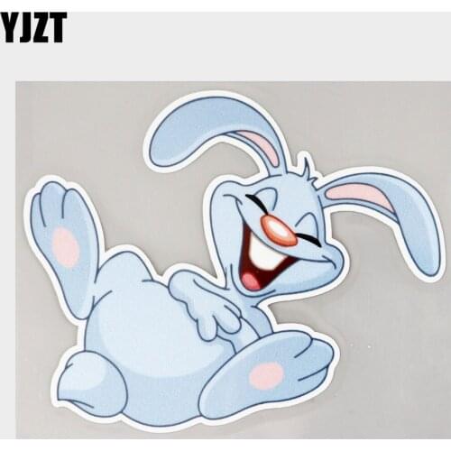 YJZT 13.3CM×10.4CM Cartoon Rabbit Rolls And Laughs Decal PVC Car Sticker 11C-0159
