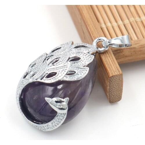 YJXP Ethnic Silver Plated Peacock Shape Natural Amethysts Pendant Water Drop Jewelry