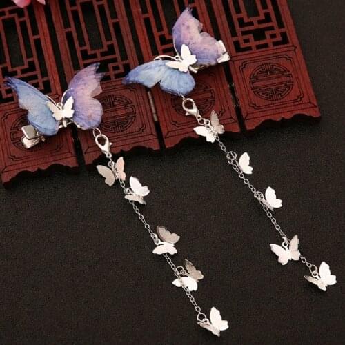 2x Traditional Chinese Long Tassel Dangle Hair Clip Butterfly Hair Jewelry