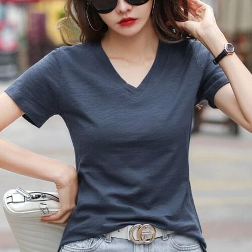 2021 New Summer Short-sleeved T-shirt Womens White Tops Loose Plus Size V-neck Cotton Split Korean Version Casual Clothes 14183