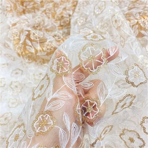 3Yards Gold Sequins Mesh Lace Fabric Off White Embroidered DIY Wedding Dress Veil Sewing Craft Cloth V2835