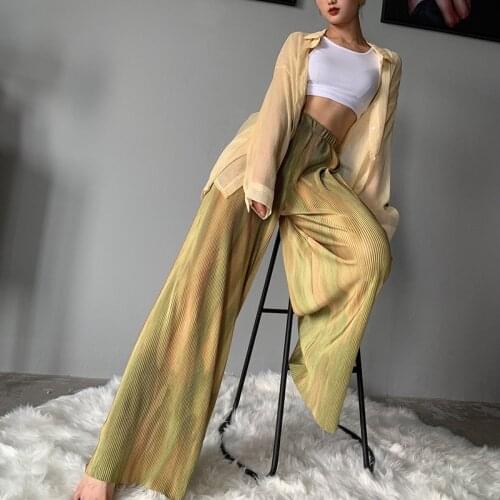 Ribbed Summer Wide Leg Pants Women Trousers Tie Dye Elastic High Waist Blue Green Loose Palazzo Pants Streetwear