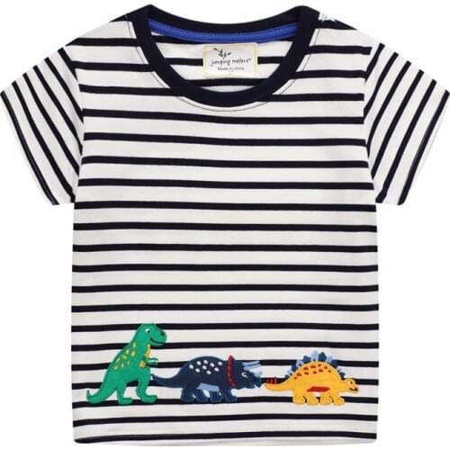 Jumping Meters 2021 Summer New Arrival Stripe Boys Tees Tops Fashion Applique Dinosaurs Embroidery Baby Cotton T shirts Kid Tees