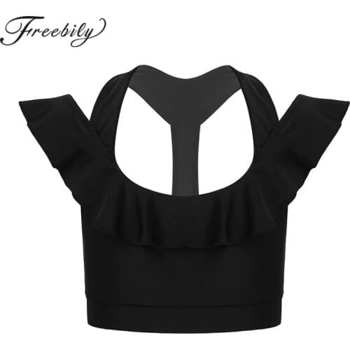 Kids Girls Summer Pure Color Workout Running Vests Tops Gym Yoga Sports Bra Top U Neck Shoulder Straps Ruffles Vest Sportswear