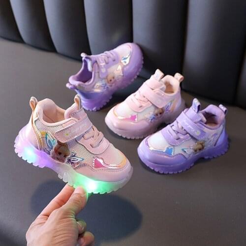 Disney Cartoon Children Frozen Aisha Princess Girls Non-slip Soft Sole Casual Shoes Student Running Sneakers LED